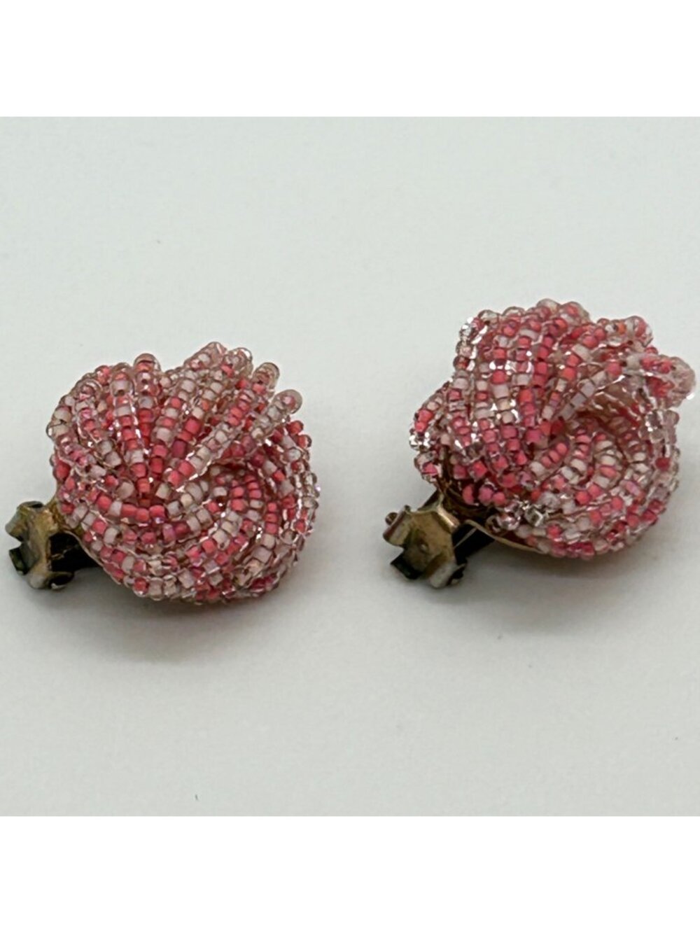 Vintage Pink Beaded Clip-On Earrings Seed Bead Knot Design Mid-Century 1960s